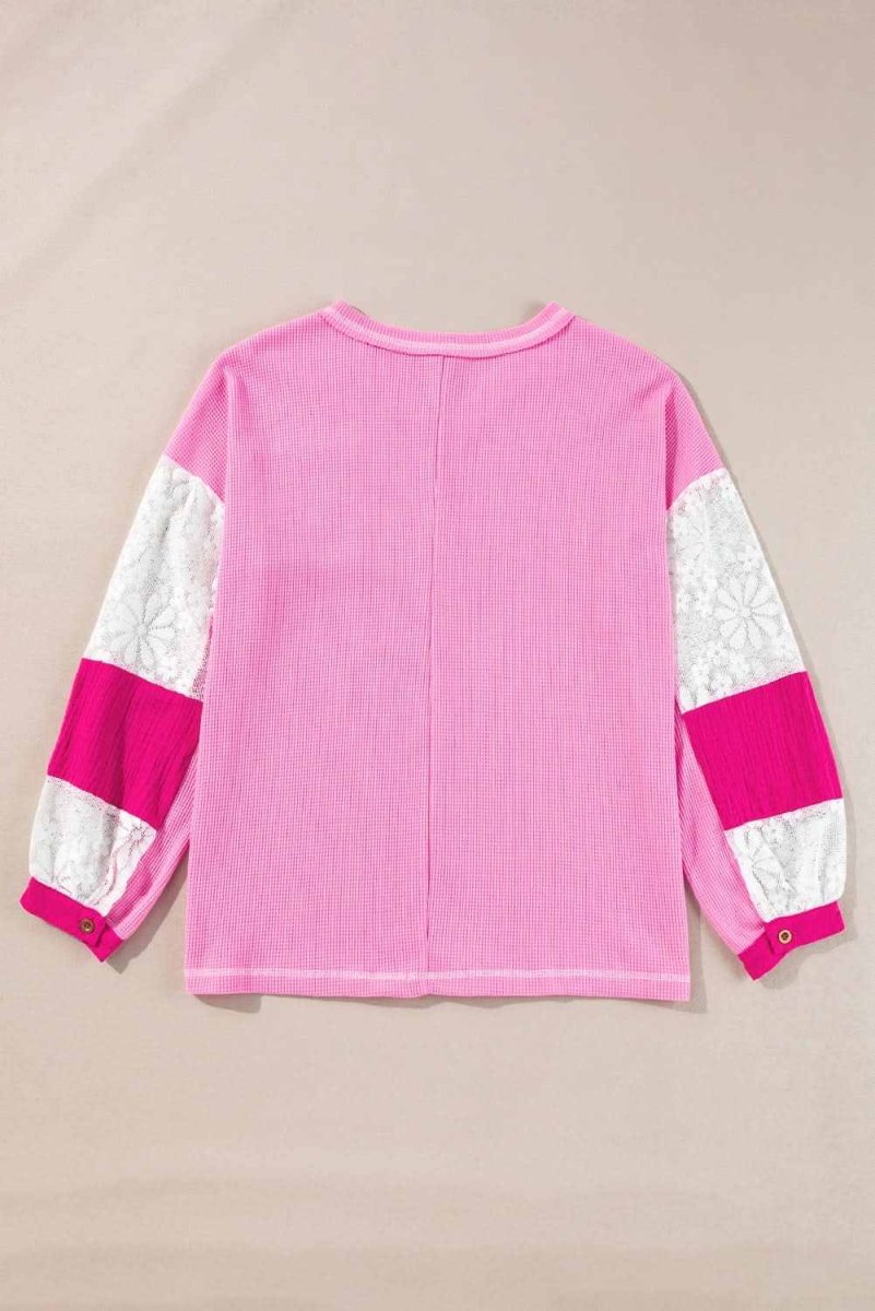 Bonbon Lace Floral Patchwork Sleeve Stitching V Neck Rib Knit Blouse - Love Salve 