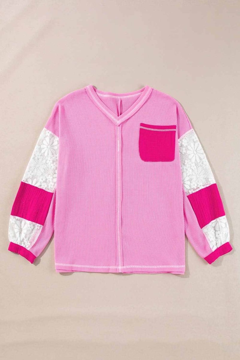 Bonbon Lace Floral Patchwork Sleeve Stitching V Neck Rib Knit Blouse - Love Salve 