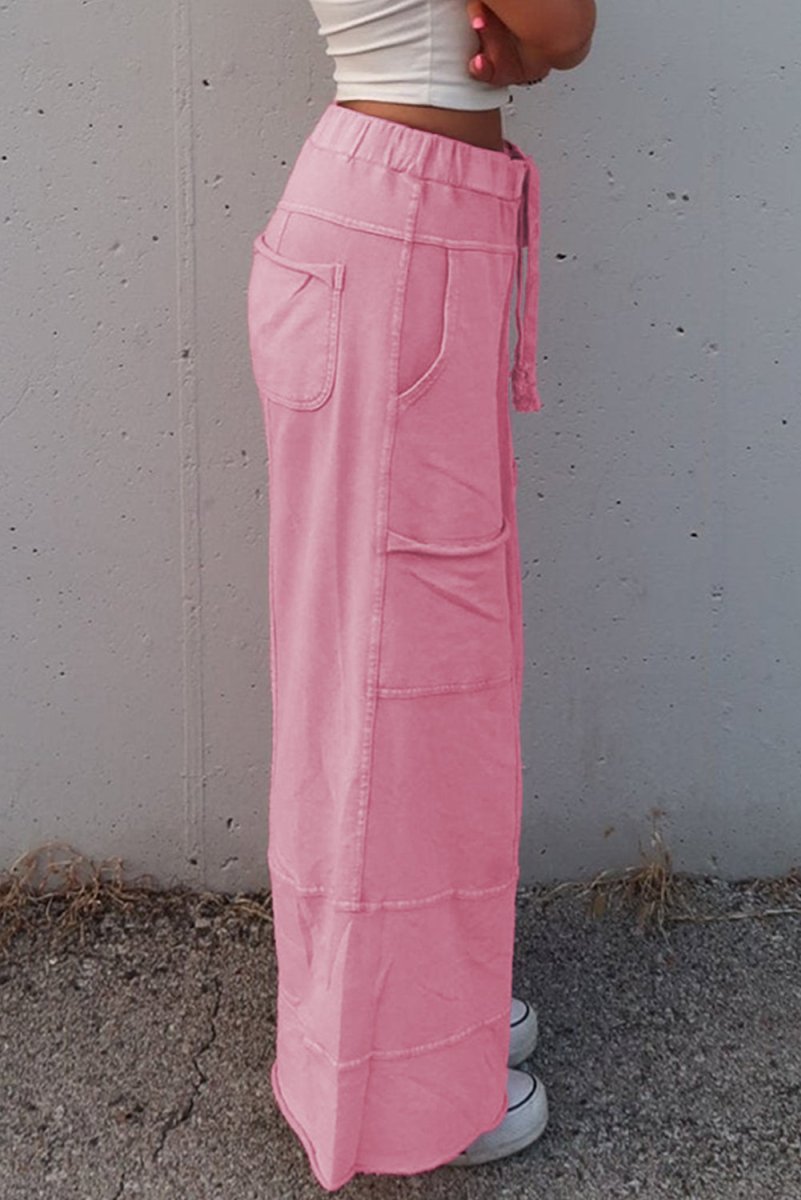 Bonbon Mineral Wash Exposed Seam Drawstring High Waist Cargo Pants - Love Salve