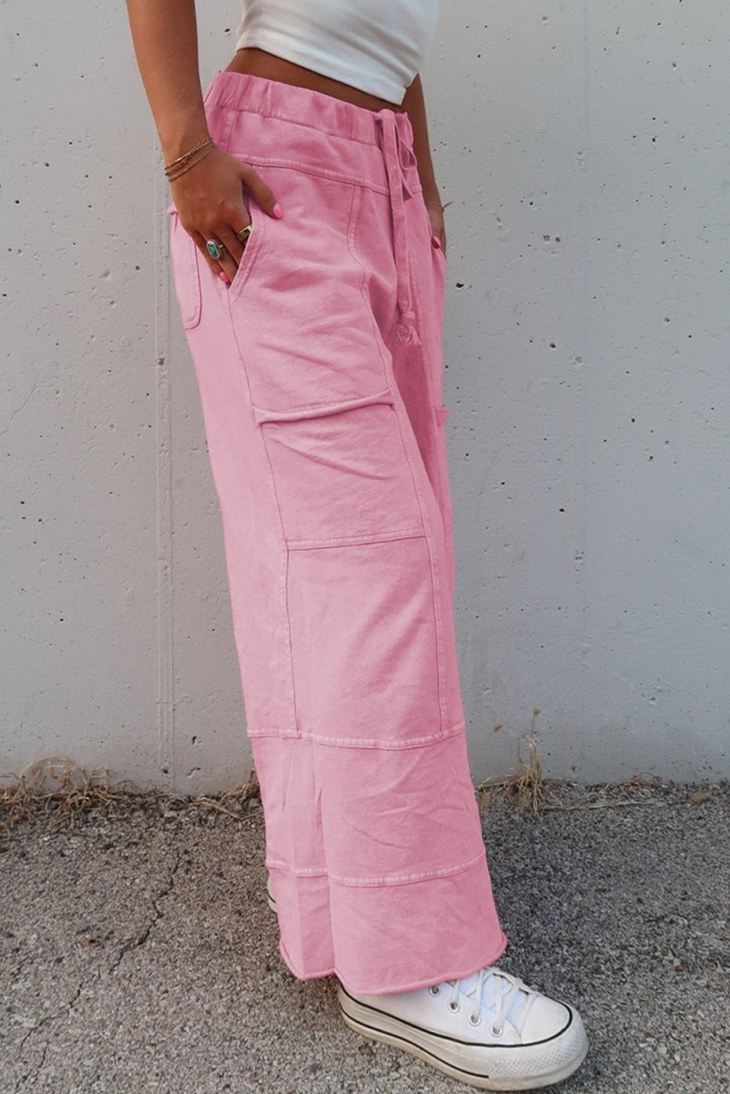 Bonbon Mineral Wash Exposed Seam Drawstring High Waist Cargo Pants - Love Salve