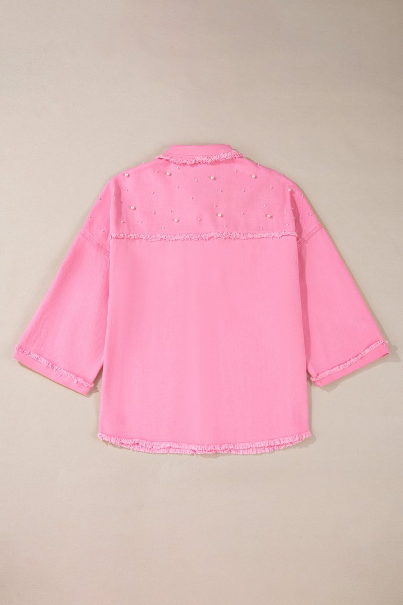Bonbon Pearl Beaded Raw Hem Button Up Denim Jacket for Women - Love Salve