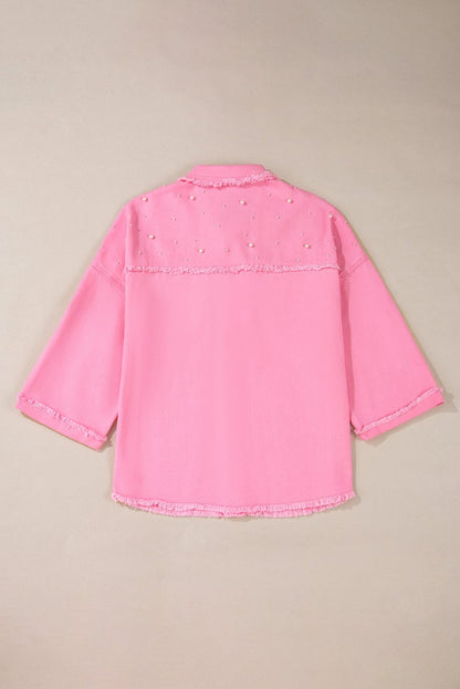 Bonbon Pearl Beaded Raw Hem Button Up Denim Jacket for Women - Love Salve