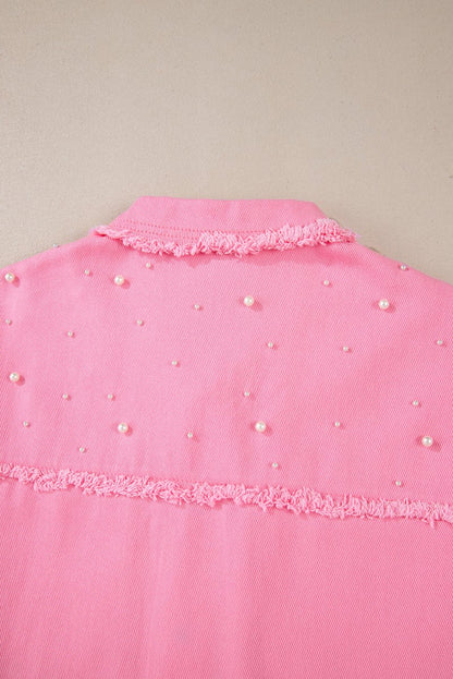 Bonbon Pearl Beaded Raw Hem Button Up Denim Jacket for Women - Love Salve