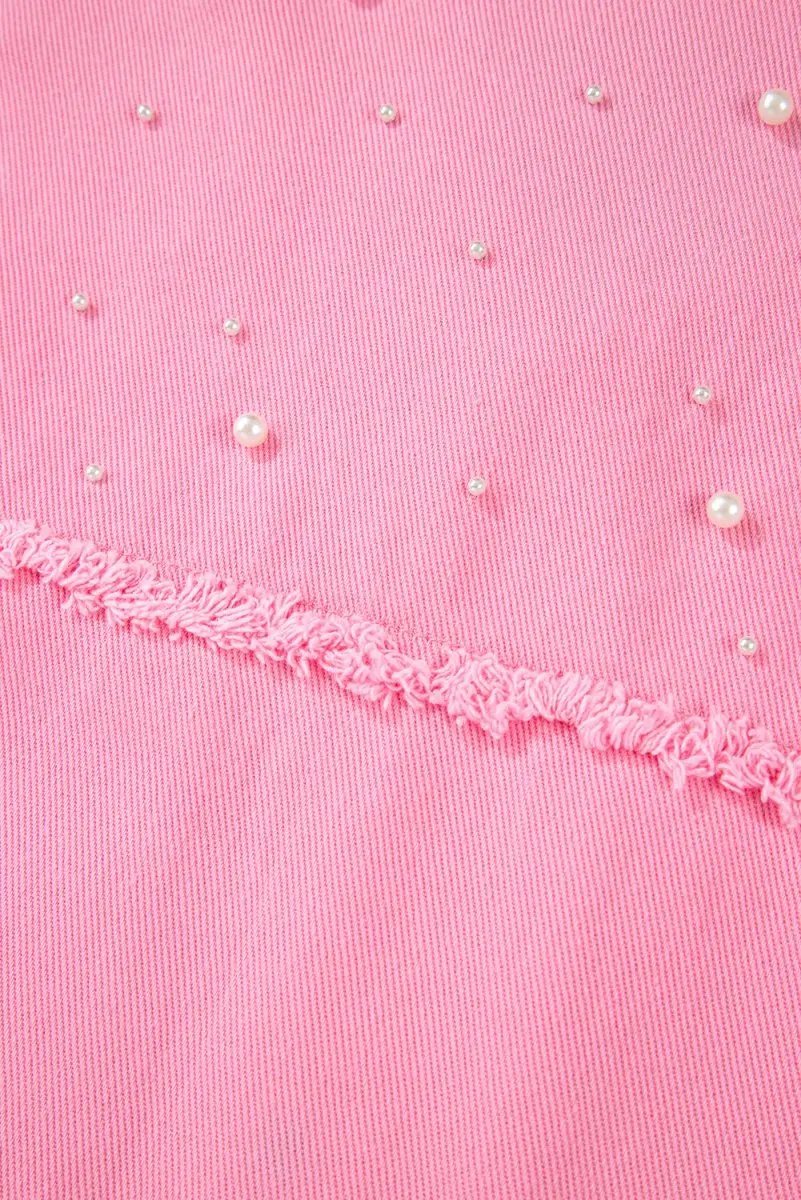 Bonbon Pearl Beaded Raw Hem Button Up Denim Jacket for Women - Love Salve 