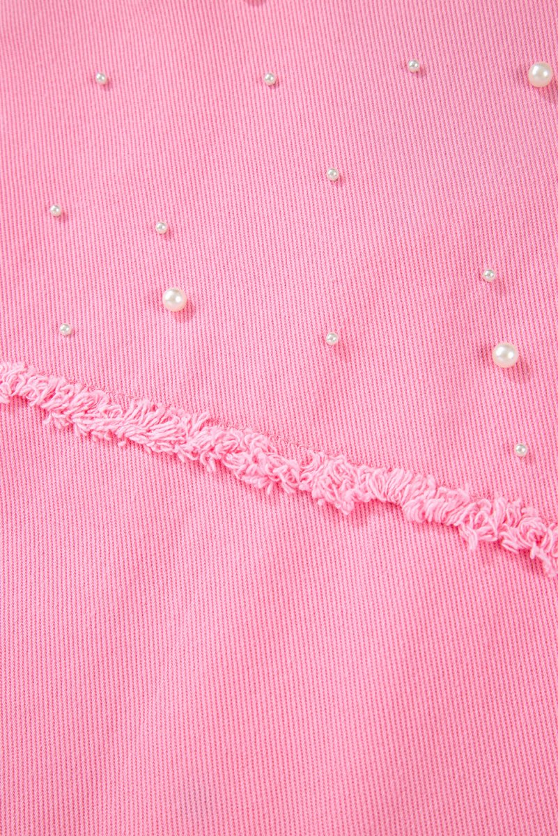 Bonbon Pearl Beaded Raw Hem Button Up Denim Jacket for Women - Love Salve