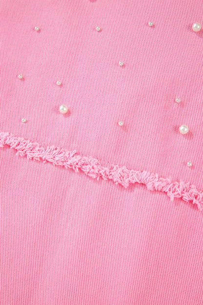 Bonbon Pearl Beaded Raw Hem Button Up Denim Jacket for Women - Love Salve