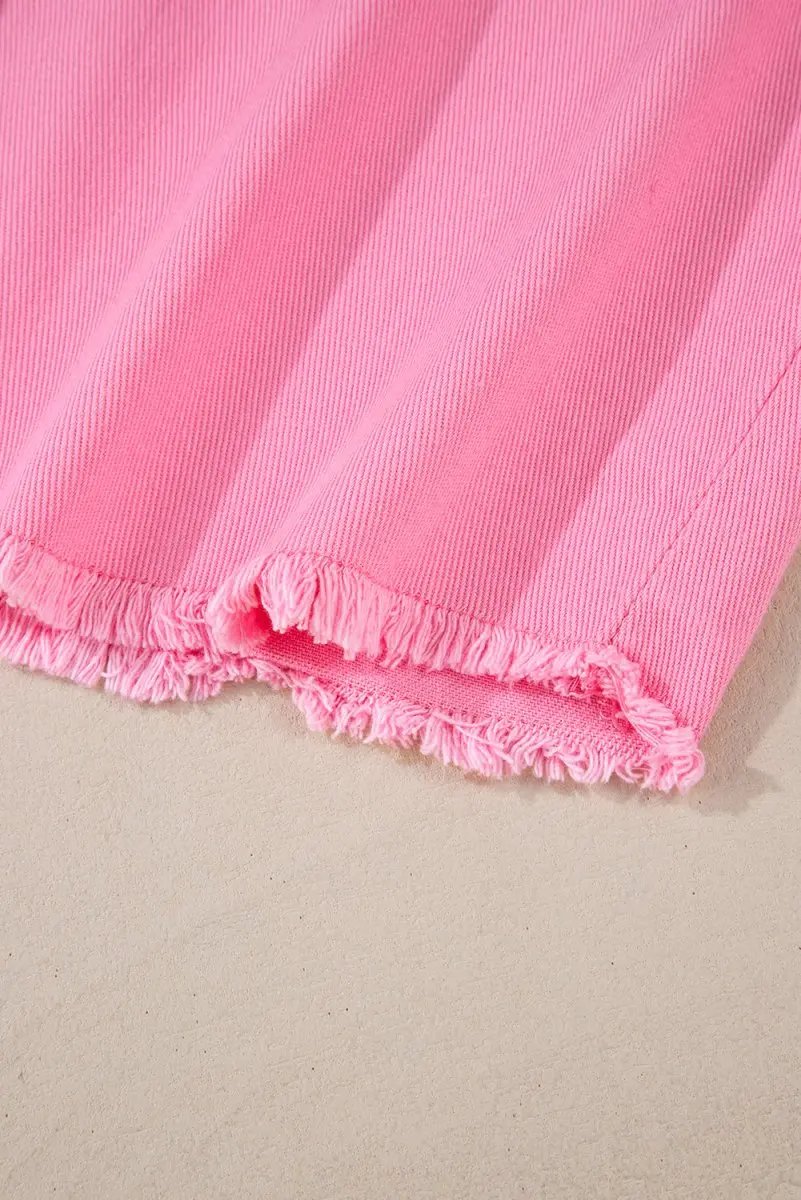 Bonbon Pearl Beaded Raw Hem Button Up Denim Jacket for Women - Love Salve 