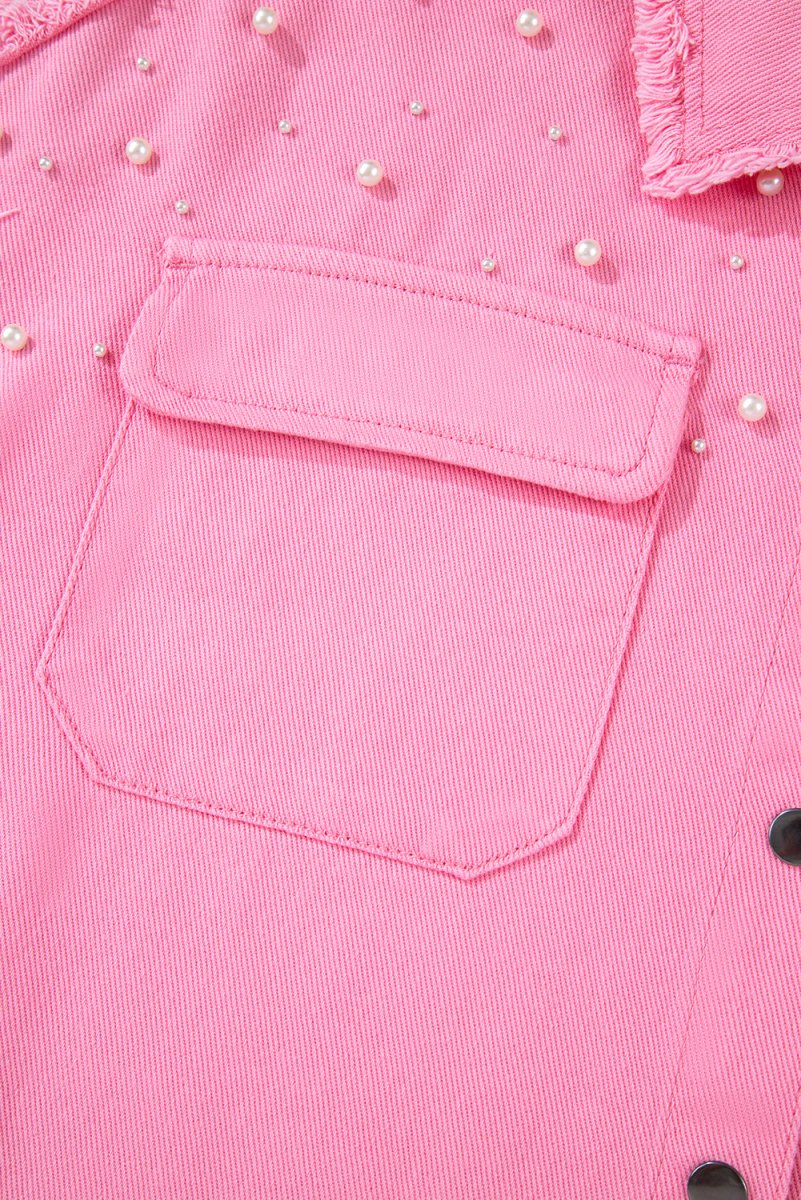 Bonbon Pearl Beaded Raw Hem Button Up Denim Jacket for Women - Love Salve
