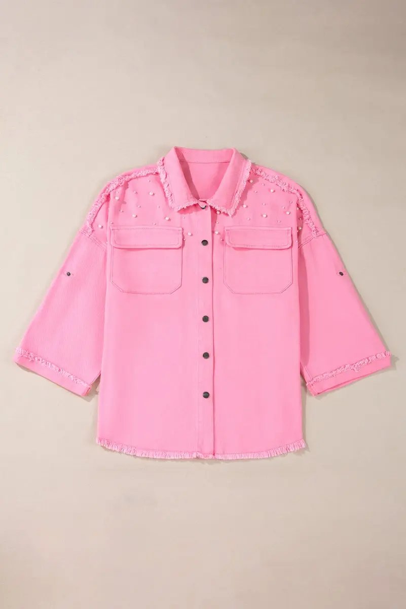 Bonbon Pearl Beaded Raw Hem Button Up Denim Jacket for Women - Love Salve 