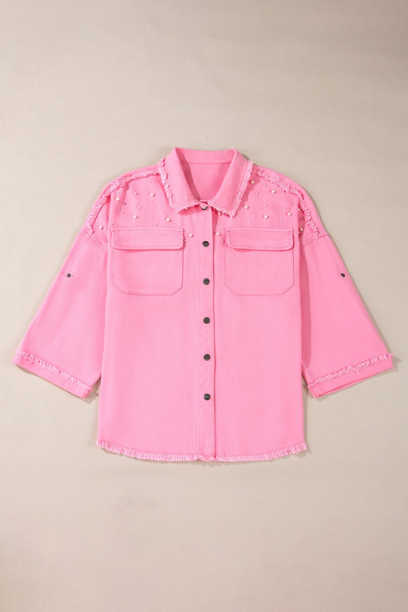Bonbon Pearl Beaded Raw Hem Button Up Denim Jacket for Women - Love Salve