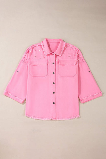 Bonbon Pearl Beaded Raw Hem Button Up Denim Jacket for Women - Love Salve