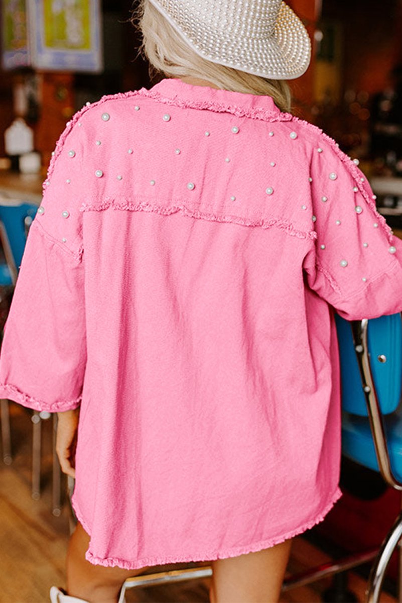 Bonbon Pearl Beaded Raw Hem Button Up Denim Jacket for Women - Love Salve