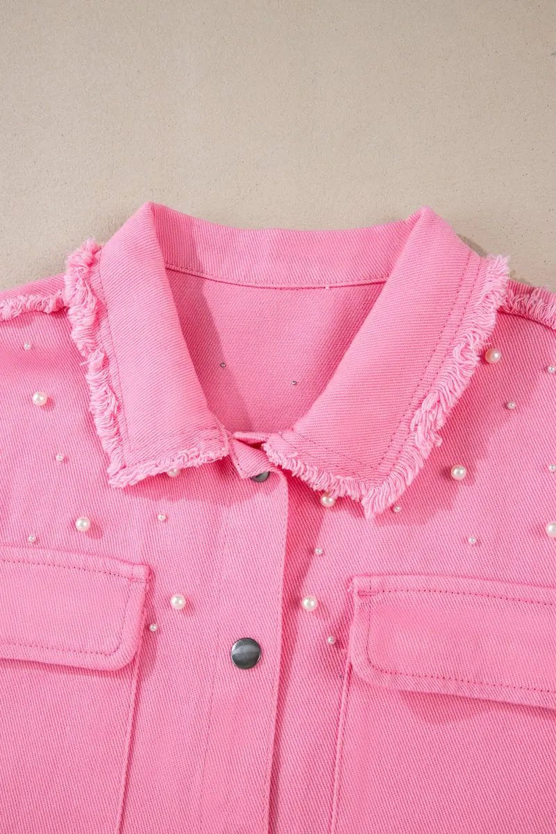 Bonbon Pearl Beaded Raw Hem Button Up Denim Jacket for Women - Love Salve 