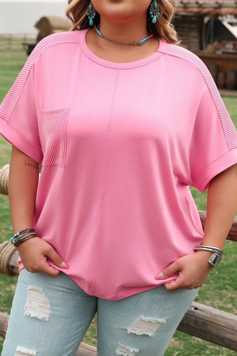 Bonbon Plus Size Patchwork Pocket T-Shirt with Corded Design - Love Salve 