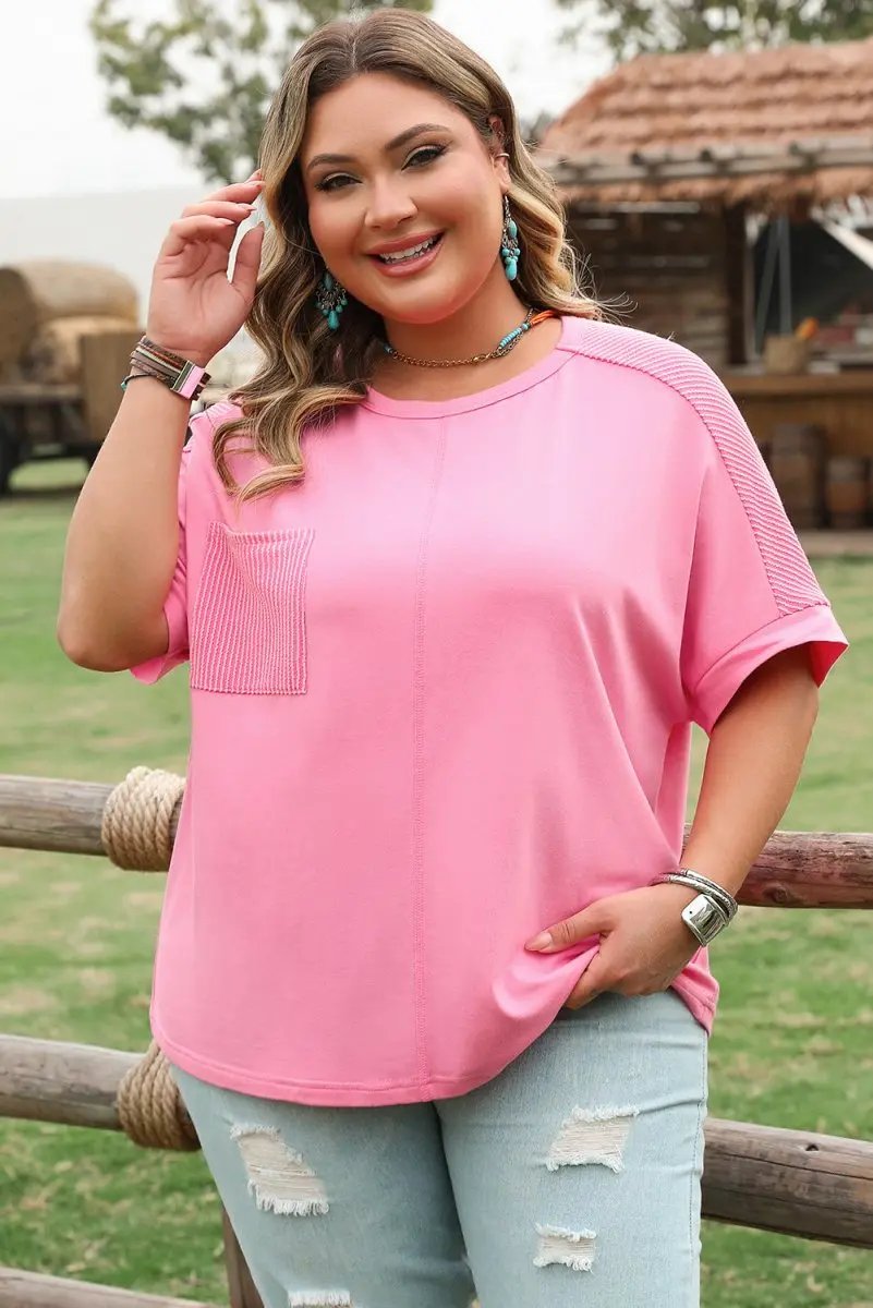 Bonbon Plus Size Patchwork Pocket T-Shirt with Corded Design - Love Salve 