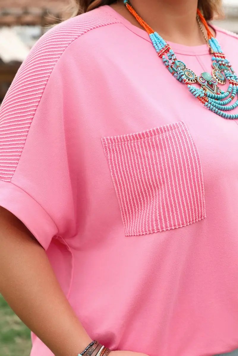 Bonbon Plus Size Patchwork Pocket T-Shirt with Corded Design - Love Salve 