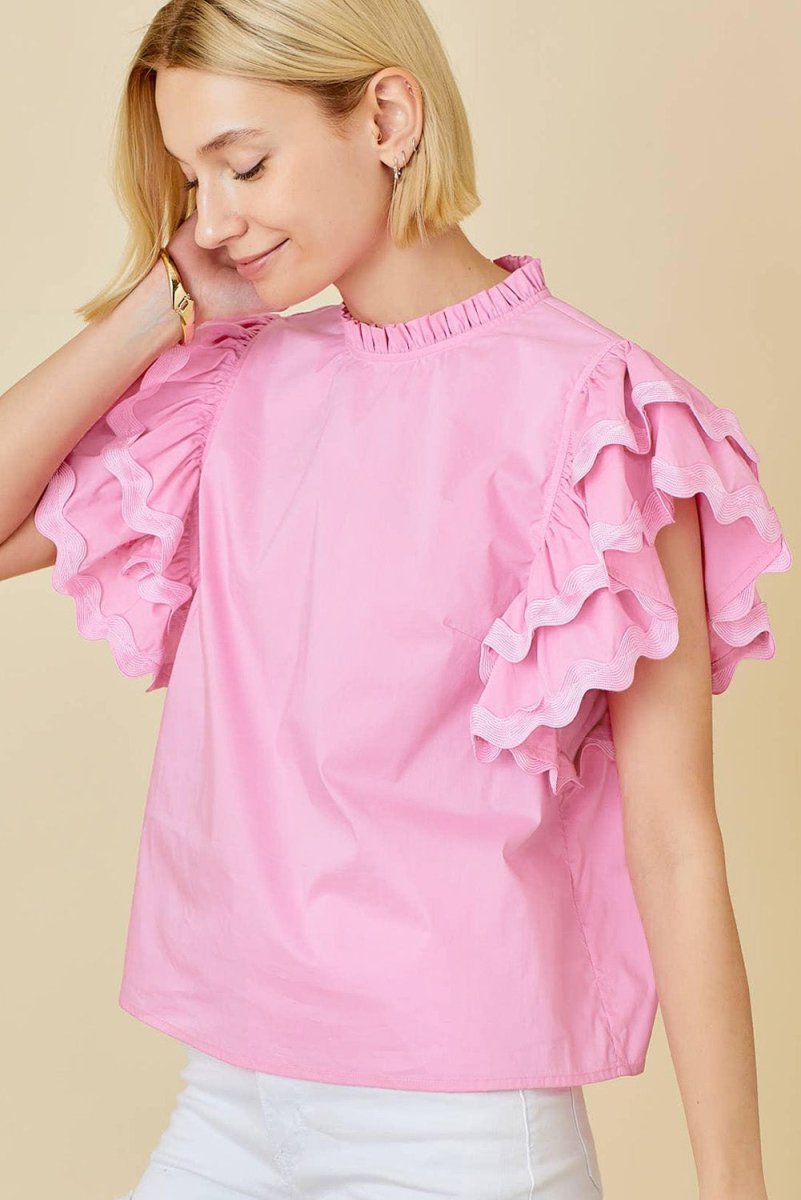 Bonbon Ricrac Ruffled Sleeve Frilled Collar Blouse Pink - Love Salve 