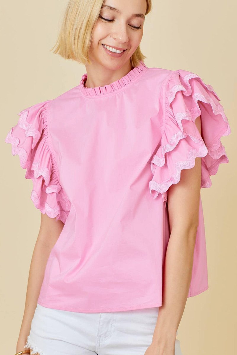 Bonbon Ricrac Ruffled Sleeve Frilled Collar Blouse Pink - Love Salve 