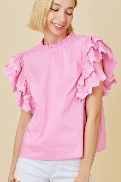 Bonbon Ricrac Ruffled Sleeve Frilled Collar Blouse Pink - Love Salve 