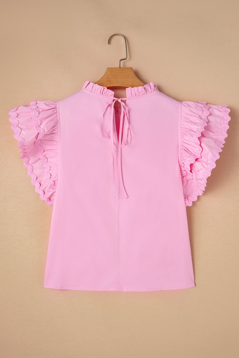 Bonbon Ricrac Ruffled Sleeve Frilled Collar Blouse Pink - Love Salve 