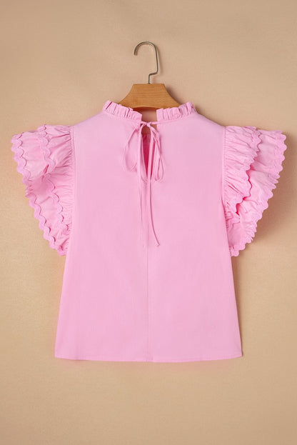 Bonbon Ricrac Ruffled Sleeve Frilled Collar Blouse Pink - Love Salve 
