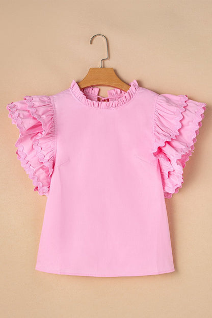 Bonbon Ricrac Ruffled Sleeve Frilled Collar Blouse Pink - Love Salve 