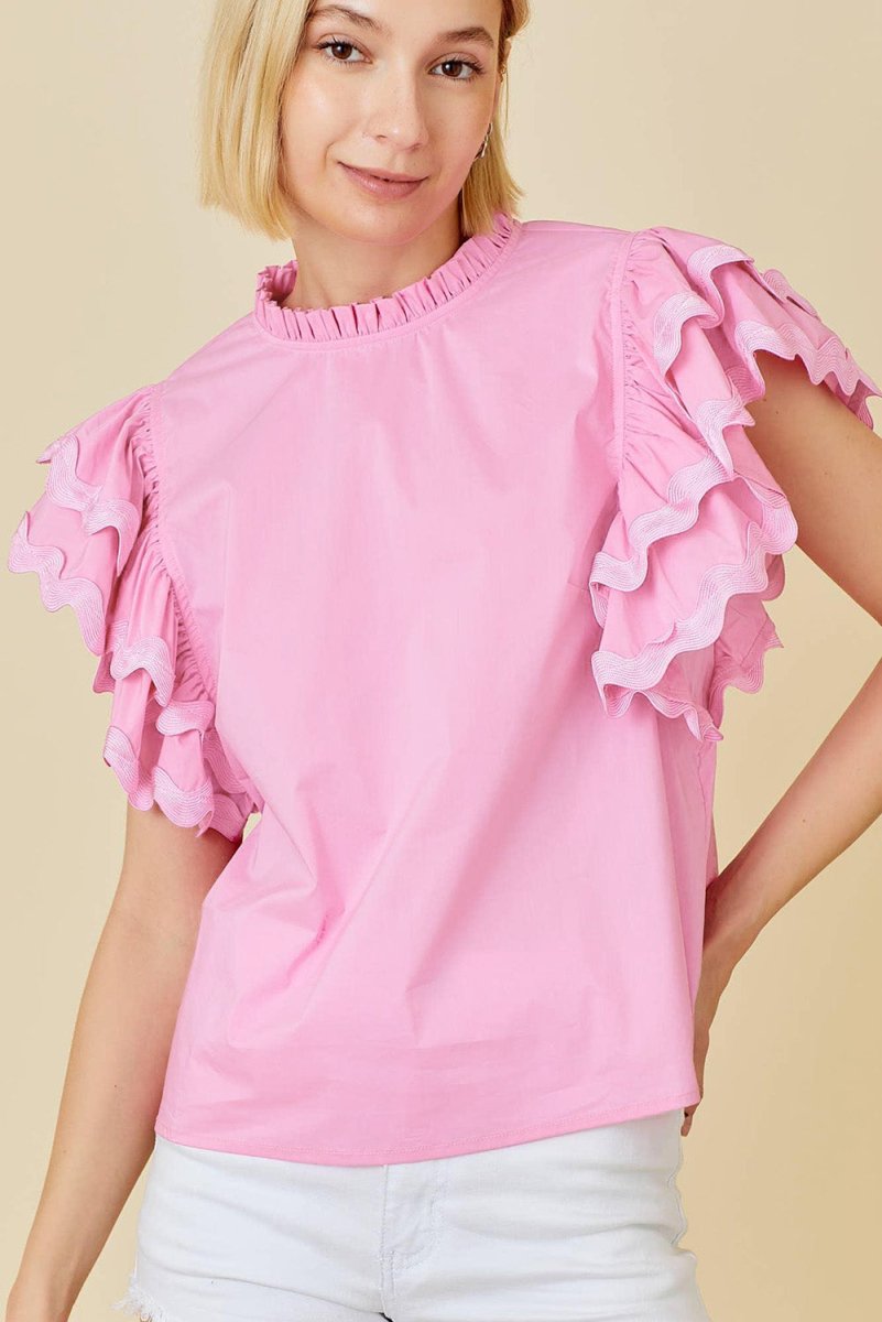 Bonbon Ricrac Ruffled Sleeve Frilled Collar Blouse Pink - Love Salve 