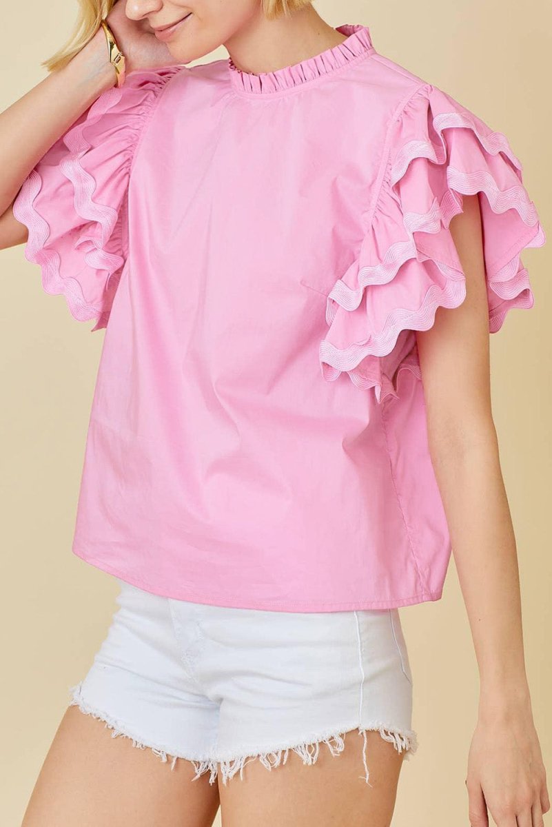 Bonbon Ricrac Ruffled Sleeve Frilled Collar Blouse Pink - Love Salve 