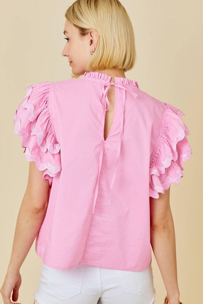 Bonbon Ricrac Ruffled Sleeve Frilled Collar Blouse Pink - Love Salve 