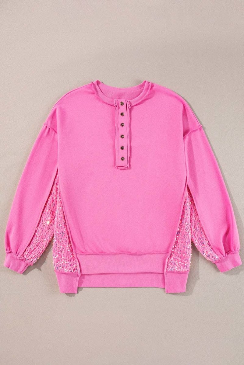 Bonbon Sequin Patchwork High Low Hem Henley Sweatshirt - Love Salve 