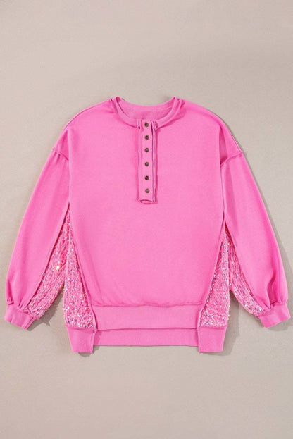 Bonbon Sequin Patchwork High Low Hem Henley Sweatshirt - Love Salve 