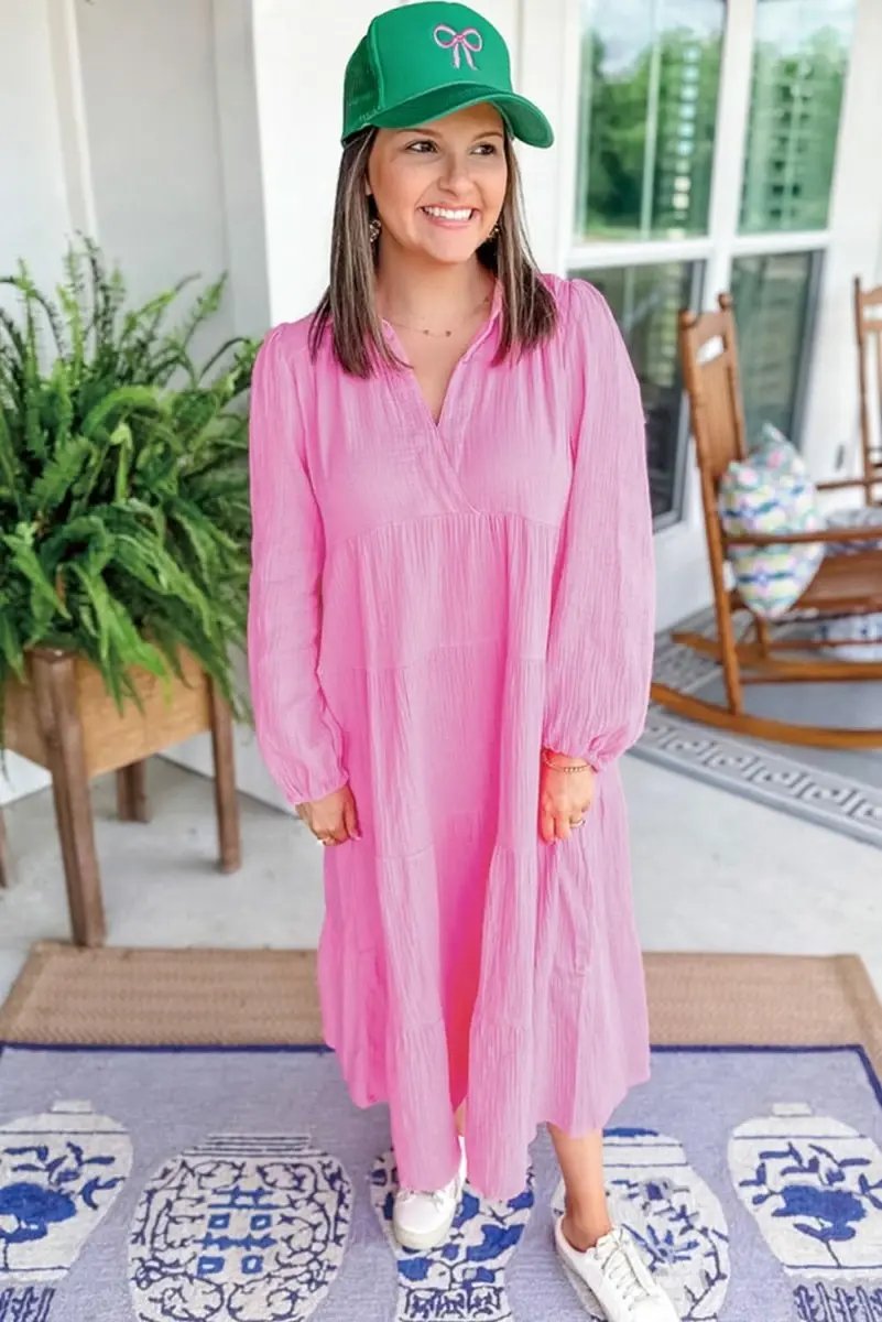 Bonbon Solid Collared V Neck Tiered Loose Fit Midi Dress - Love Salve 