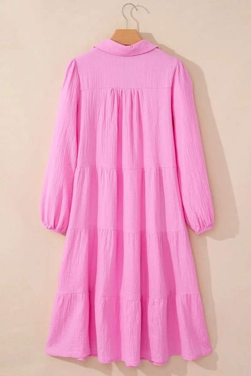 Bonbon Solid Collared V Neck Tiered Loose Fit Midi Dress - Love Salve 