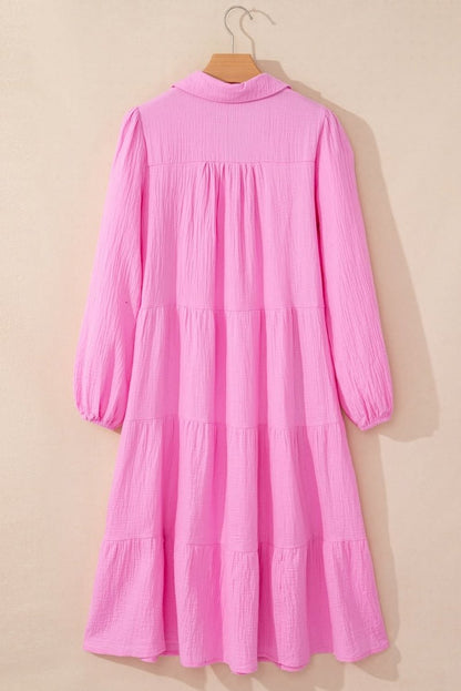 Bonbon Solid Collared V Neck Tiered Loose Fit Midi Dress - Love Salve 