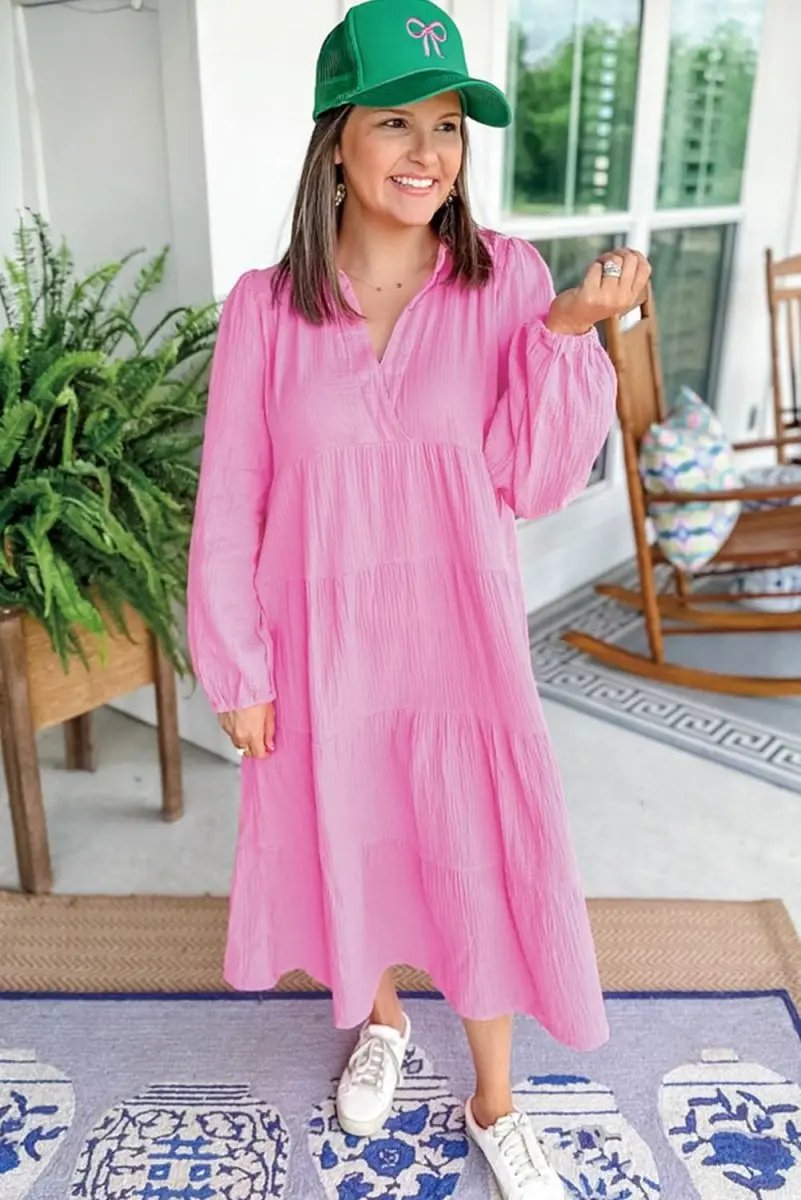 Bonbon Solid Collared V Neck Tiered Loose Fit Midi Dress - Love Salve 