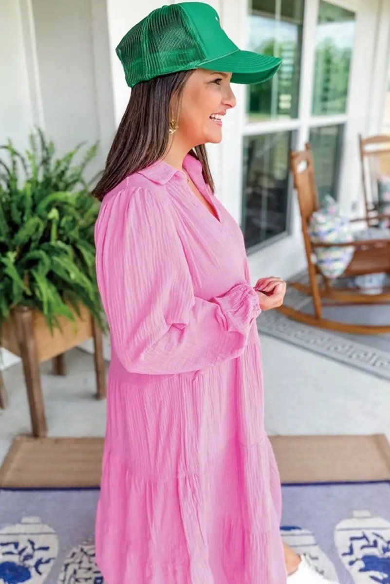 Bonbon Solid Collared V Neck Tiered Loose Fit Midi Dress - Love Salve 