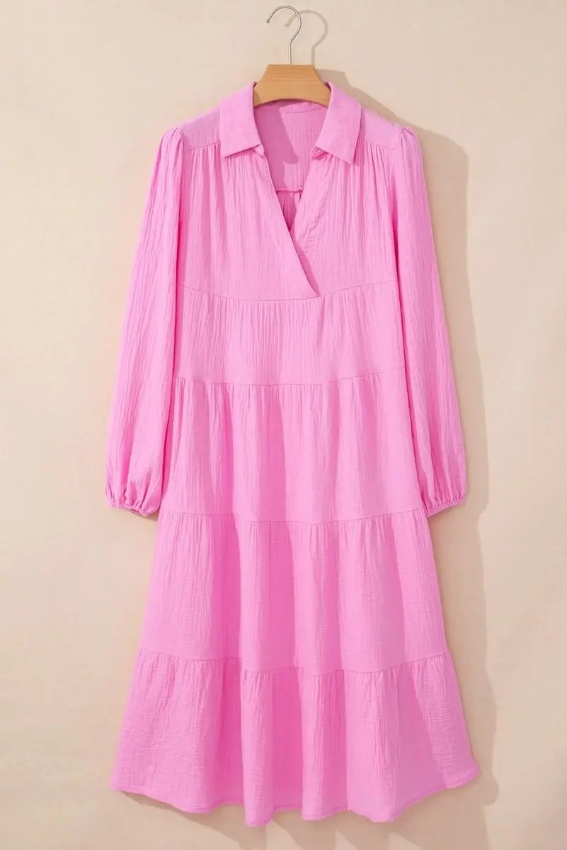 Bonbon Solid Collared V Neck Tiered Loose Fit Midi Dress - Love Salve 