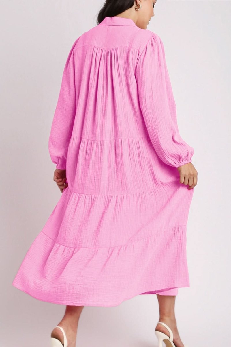 Bonbon Solid Collared V Neck Tiered Loose Fit Midi Dress - Love Salve 