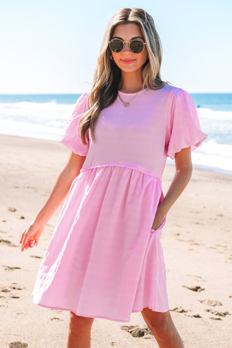 Bonbon Textured Bubble Sleeve High Waist Mini Dress for Women - Love Salve 
