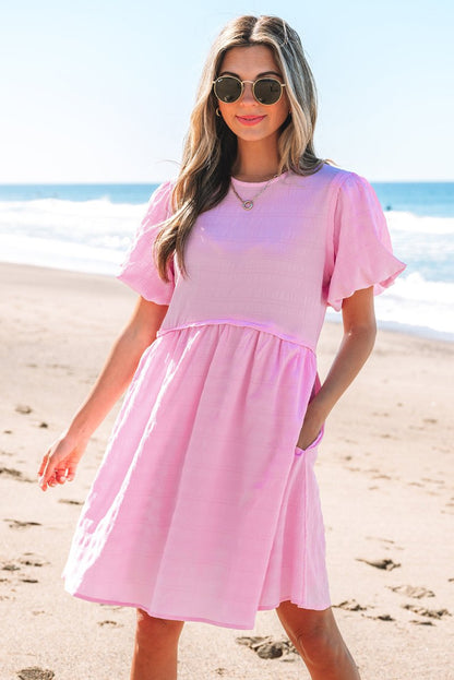Bonbon Textured Bubble Sleeve High Waist Mini Dress for Women - Love Salve 
