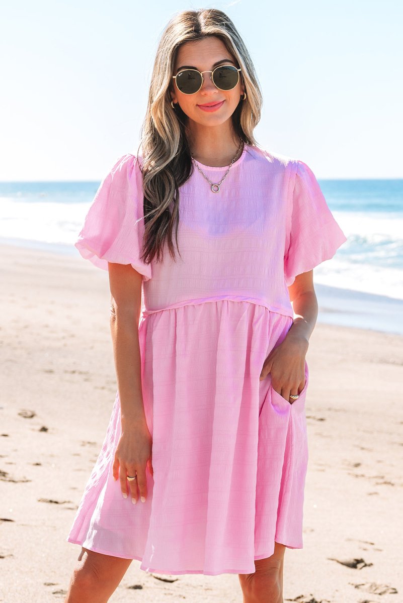 Bonbon Textured Bubble Sleeve High Waist Mini Dress for Women - Love Salve 