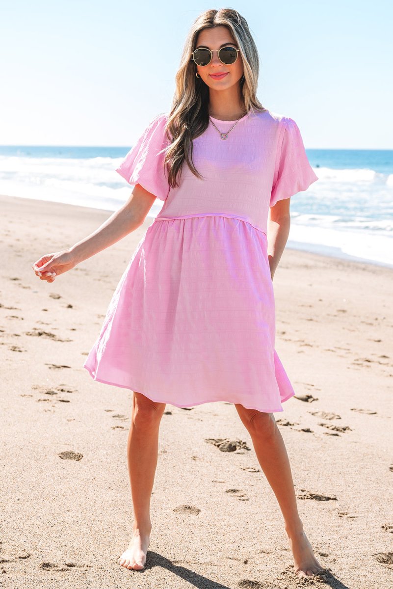Bonbon Textured Bubble Sleeve High Waist Mini Dress for Women - Love Salve 