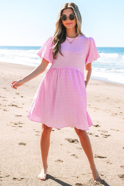 Bonbon Textured Bubble Sleeve High Waist Mini Dress for Women - Love Salve 