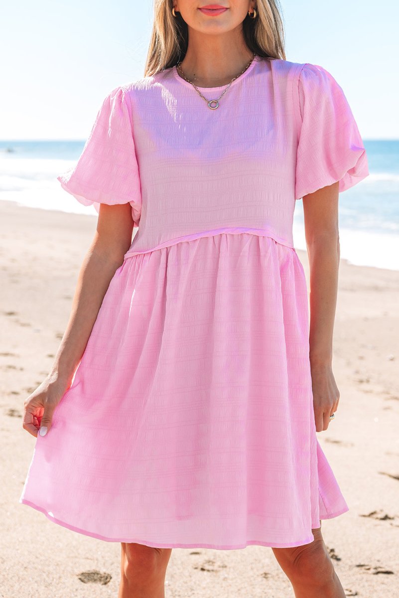 Bonbon Textured Bubble Sleeve High Waist Mini Dress for Women - Love Salve 