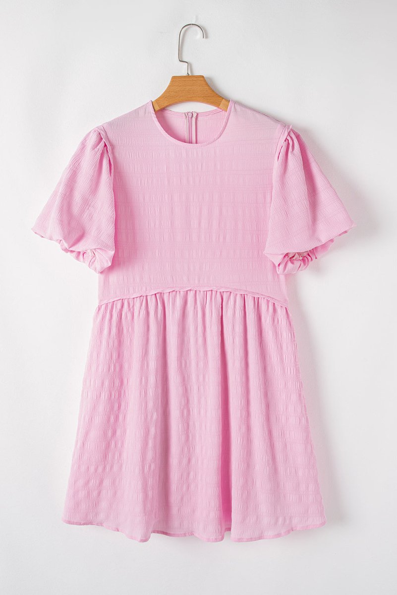 Bonbon Textured Bubble Sleeve High Waist Mini Dress for Women - Love Salve 