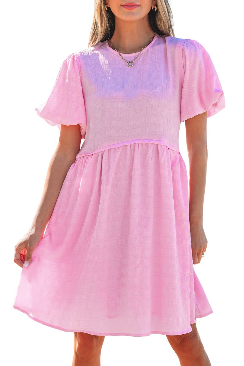 Bonbon Textured Bubble Sleeve High Waist Mini Dress for Women - Love Salve 