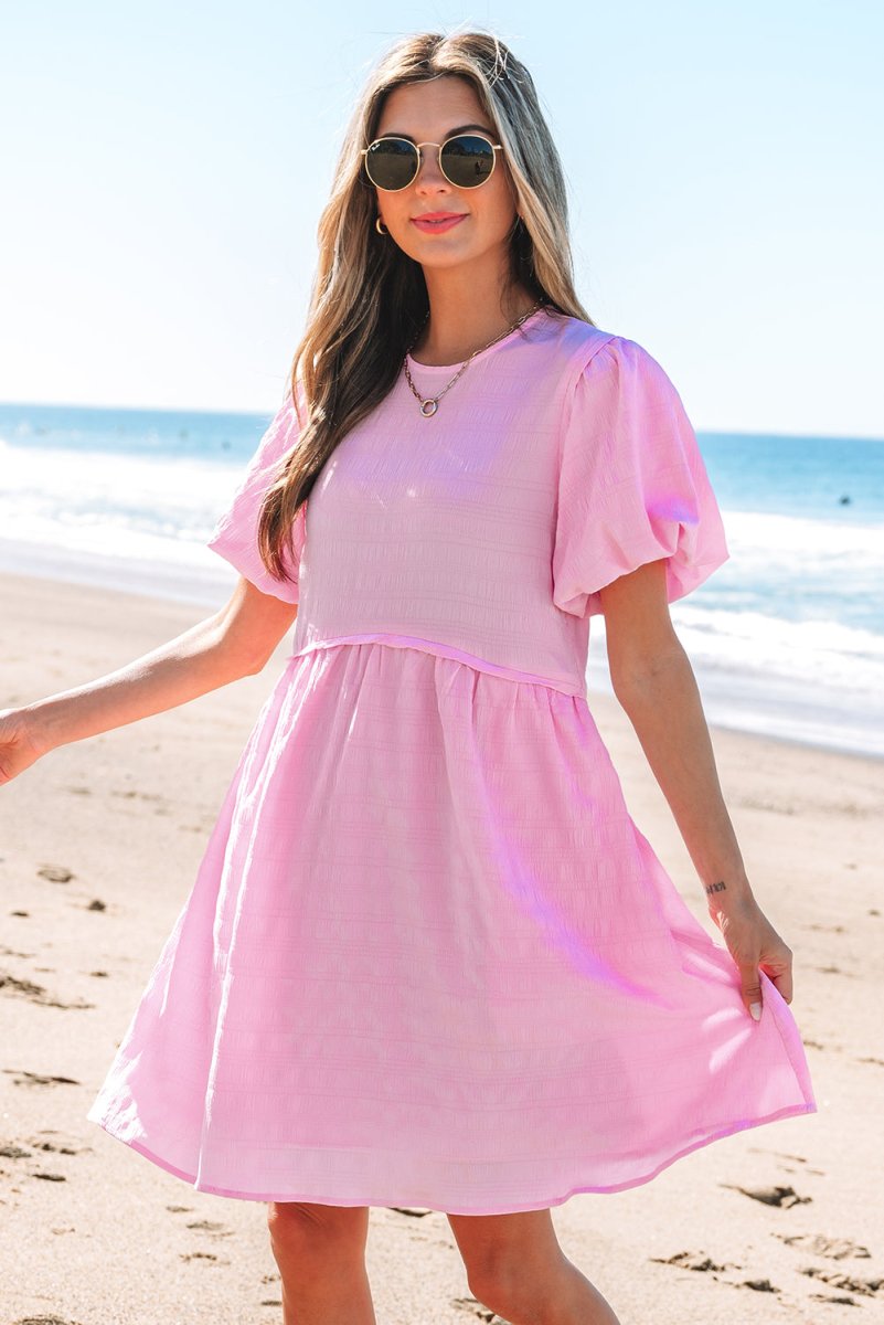 Bonbon Textured Bubble Sleeve High Waist Mini Dress for Women - Love Salve 
