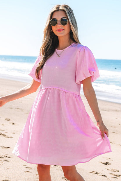Bonbon Textured Bubble Sleeve High Waist Mini Dress for Women - Love Salve 