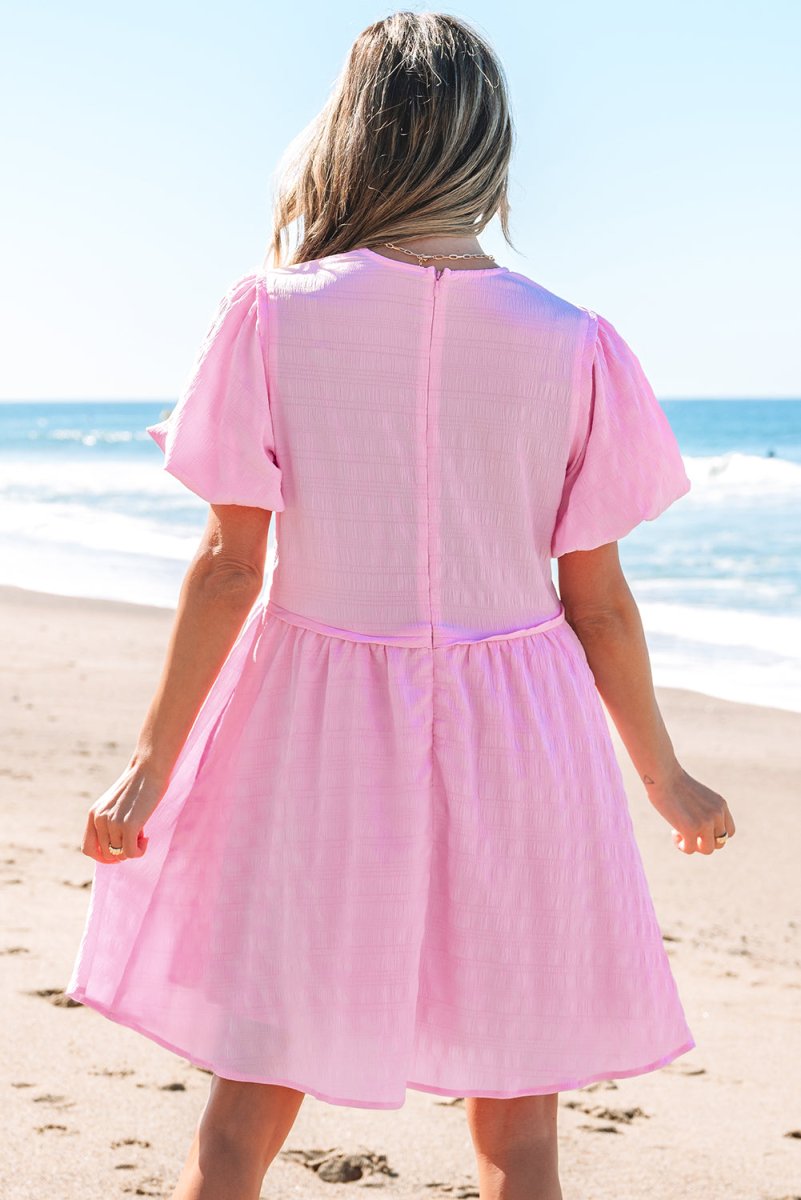 Bonbon Textured Bubble Sleeve High Waist Mini Dress for Women - Love Salve 