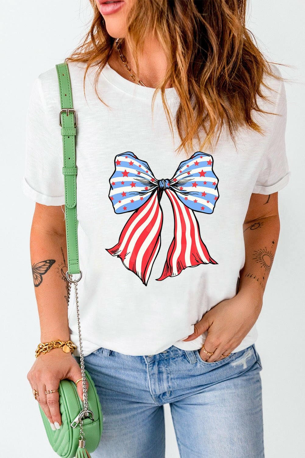 Chic Bow Design Short Sleeve Tee with unique bow graphic and versatile style.